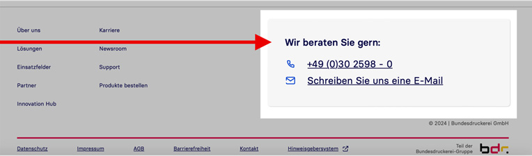 Eine Ansicht der Kontaktmöglichkeiten im Footer Eine Ansicht der Kontaktmöglichkeiten im Footer
